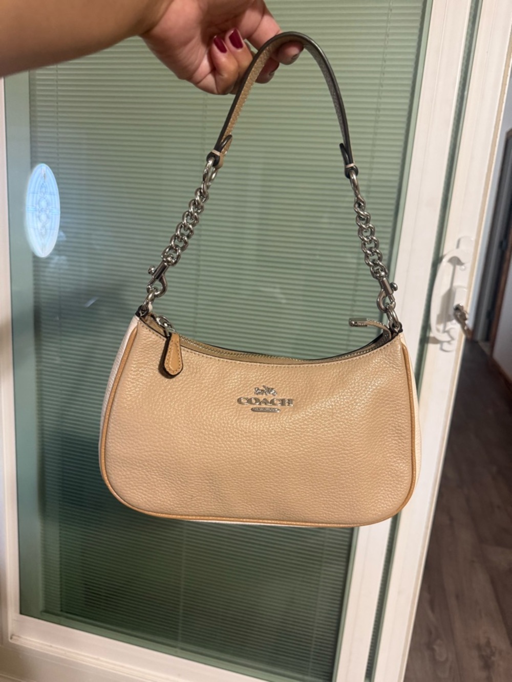 Coach Pebbled Leather Shoulder Bag in Beige with Silver Chain